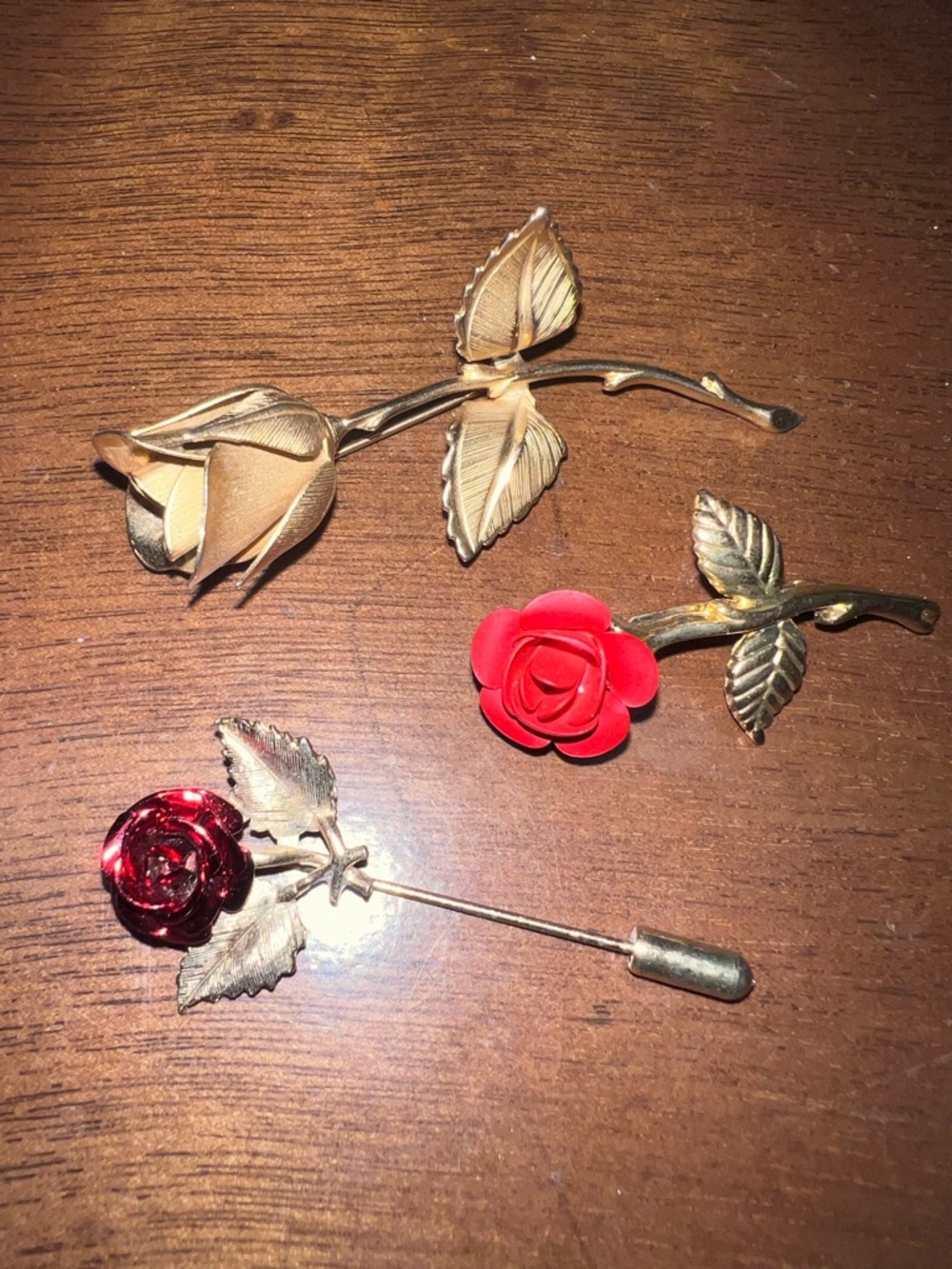 Vintage Rose Brooches - Gold tone Metal with Red Accents